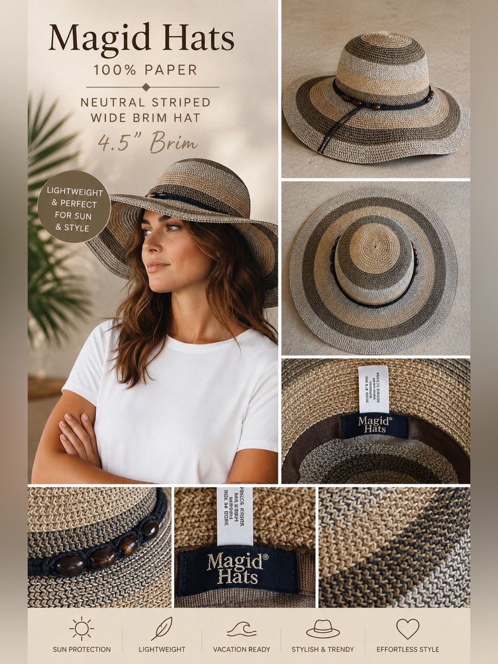 Magid Hats Wide Brim Sun Hat Neutral Browns Beige Striped Paper Straw Beaded